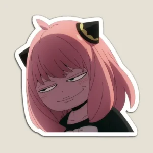 Pink-haired Anya anime vinyl sticker featuring a mischievous smirking facial expression and black hair accessories.