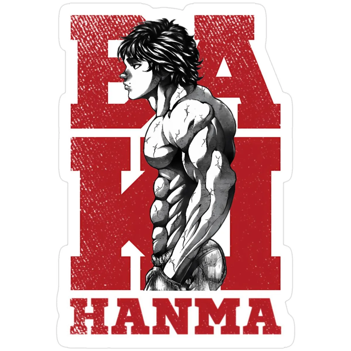 Baki Hanma Anime Vinyl Sticker Baki Hanma anime vinyl sticker featuring a muscular character illustration with bold red typography.