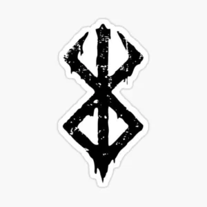 Black Berserk Brand of Sacrifice symbol vinyl sticker with distressed gothic artwork on a white background.