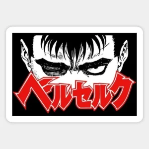 Black red and white Berserk anime sticker featuring a dark manga face and Japanese-style typography.