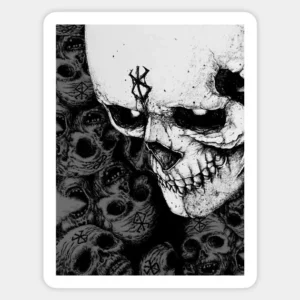 Black and white dark skull vinyl sticker with gothic skull artwork for laptops, bottles and notebooks.