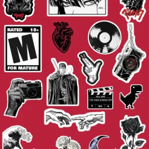 Dark aesthetic sticker pack featuring gothic, manga, vinyl record, camera, rose, moon, wave and black-and-white art stickers.