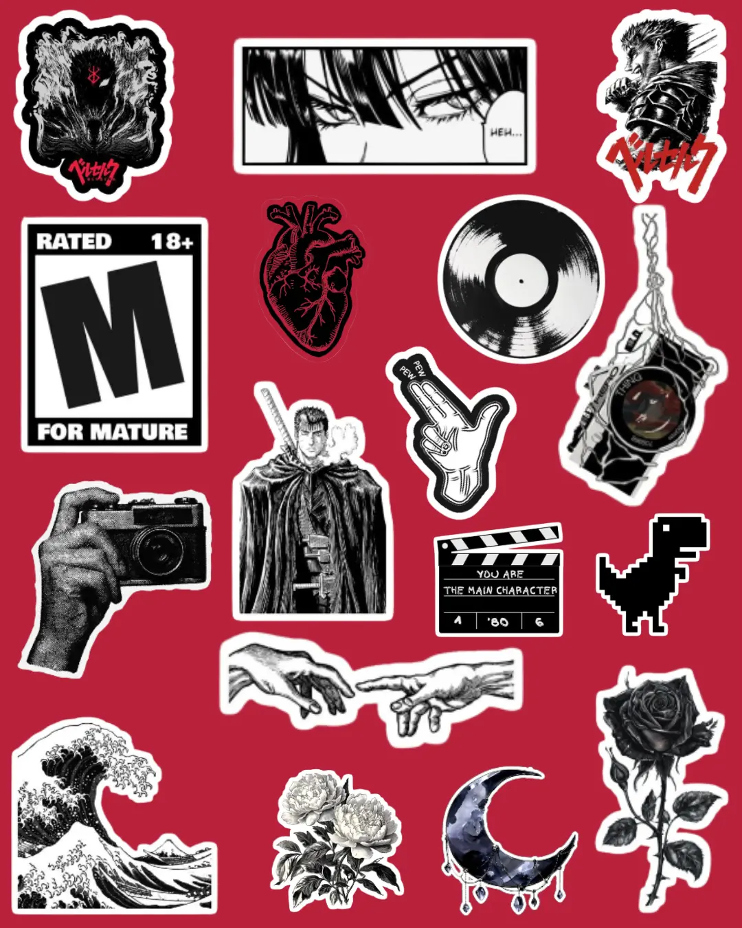 Dark aesthetic sticker pack featuring gothic, manga, vinyl record, camera, rose, moon, wave and black-and-white art stickers.