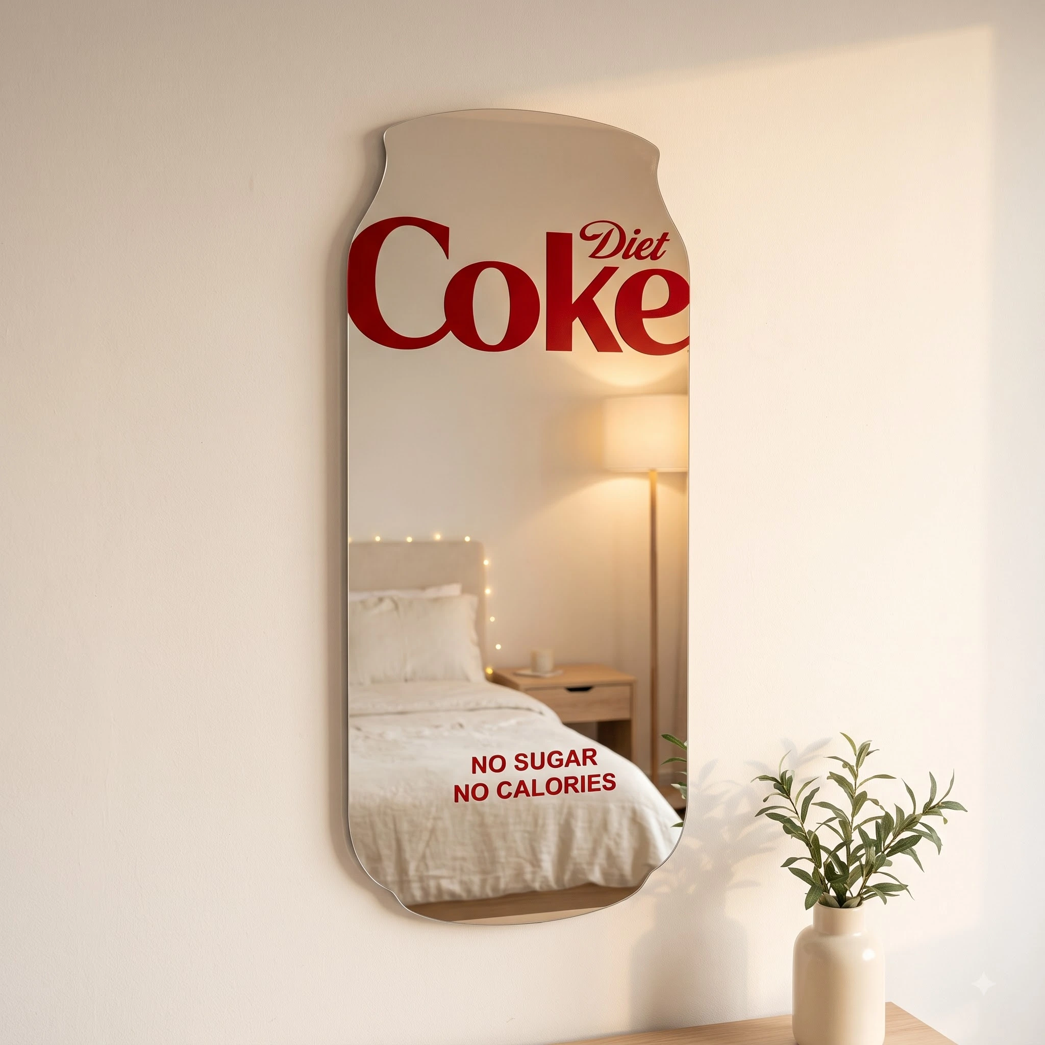 Diet Coke aesthetic wall mirror with red logo displayed in a cozy bedroom with warm lighting and minimalist decor.