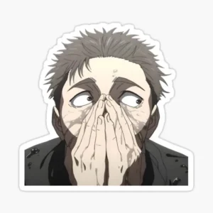 Emotional anime character vinyl sticker featuring a distressed man covering his mouth with both hands.