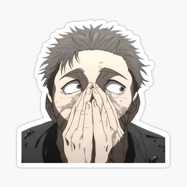 Emotional anime character vinyl sticker featuring a distressed man covering his mouth with both hands.