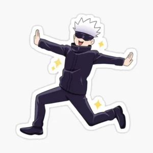 Alt Text: Gojo anime vinyl sticker featuring a white-haired character in a blindfold running in a funny playful pose.
