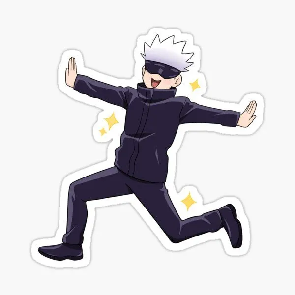 Gojo Funny Running Anime Sticker Alt Text: Gojo anime vinyl sticker featuring a white-haired character in a blindfold running in a funny playful pose.