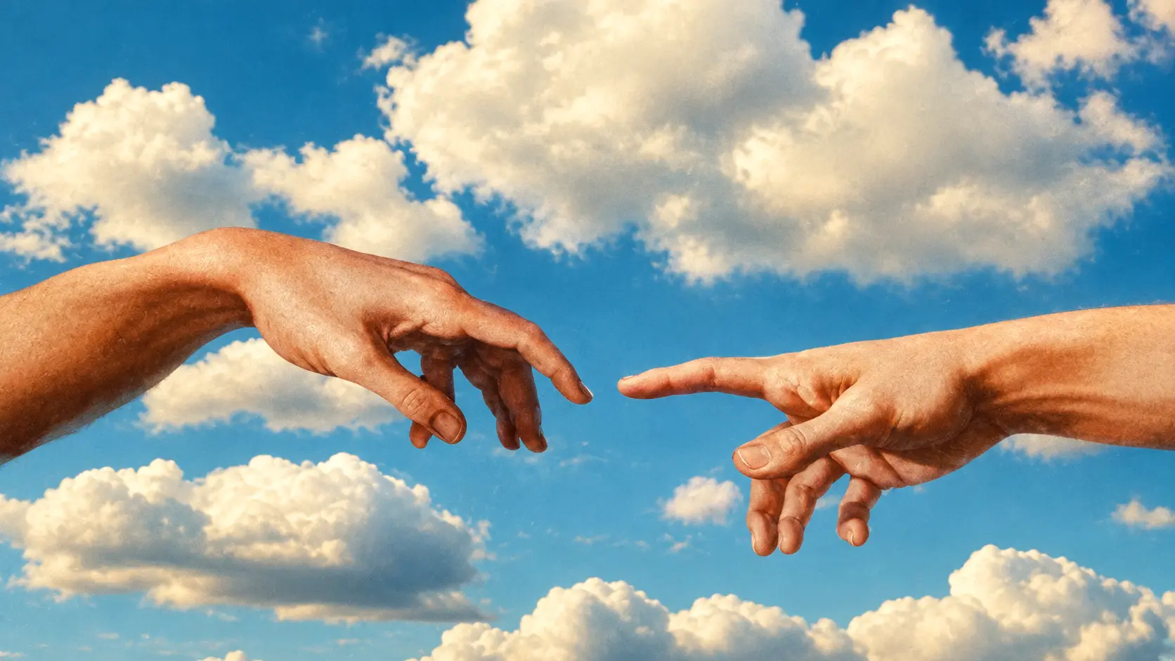 Two hands reaching toward each other beneath a vivid blue sky