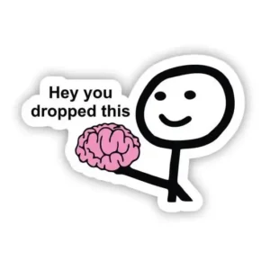 Funny stick figure vinyl sticker holding a pink brain with the text “Hey you dropped this” in a sarcastic meme design.