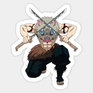 Inosuke anime vinyl sticker featuring a boar mask character holding two crossed swords in an action pose