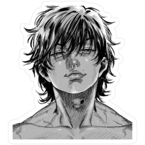 Black and white manga portrait vinyl sticker featuring a detailed dark-haired character illustration.