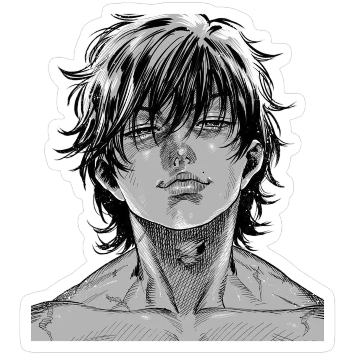 Black and white manga portrait vinyl sticker featuring a detailed dark-haired character illustration.