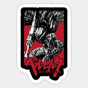 Berserk warrior vinyl sticker with black white and red manga artwork featuring an armored swordsman.