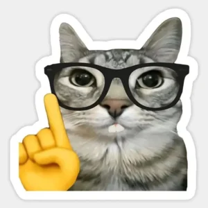 Funny grey cat vinyl sticker wearing black glasses and holding up one finger in a nerd meme pose.