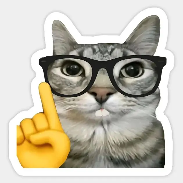 Nerd Cat Meme Vinyl Sticker Funny grey cat vinyl sticker wearing black glasses and holding up one finger in a nerd meme pose.