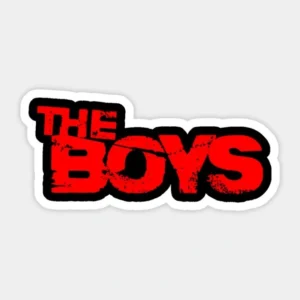 The Boys red and black logo vinyl sticker featuring distressed bold typography with a white die-cut border.