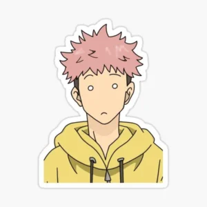 Pink-haired anime character vinyl sticker wearing a yellow hoodie with a minimalist surprised expression.