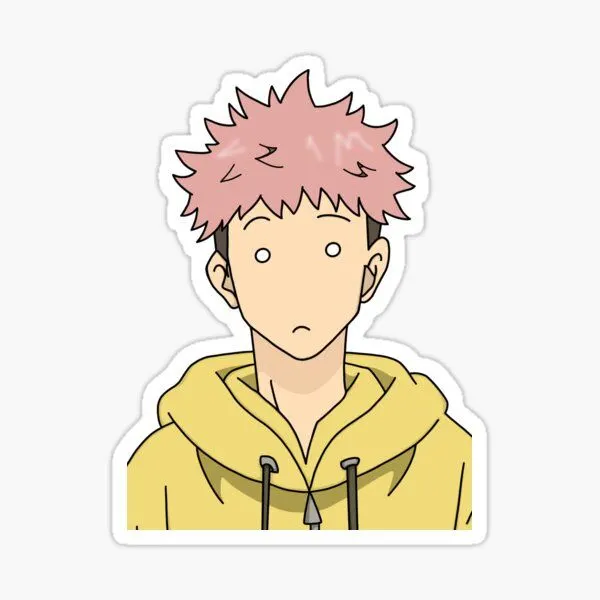 Pink-haired anime character vinyl sticker wearing a yellow hoodie with a minimalist surprised expression.