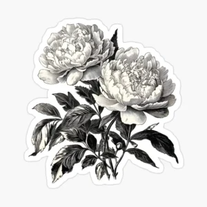 Black and white peony flower sticker featuring two detailed blooming flowers, shaded petals, leaves and stems.