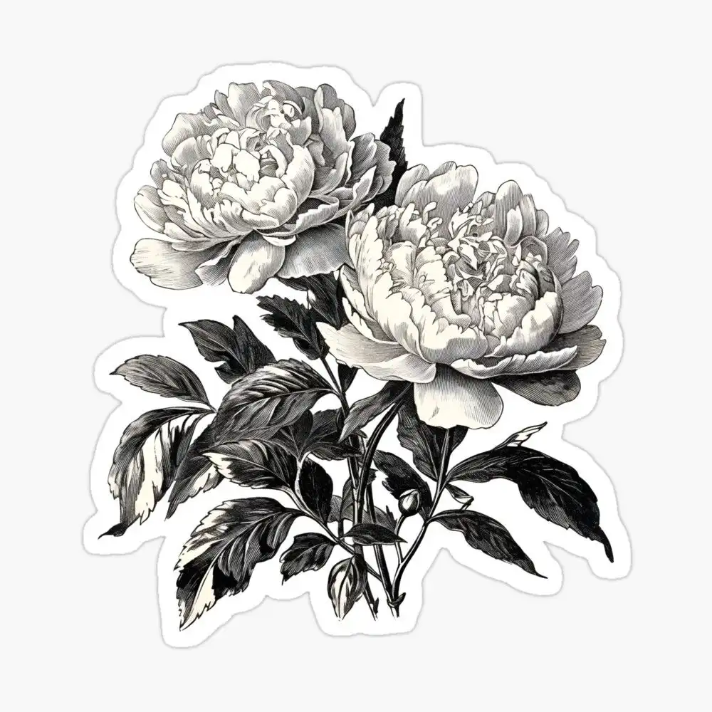 black-white-peony-flower-sticker.webp Black and white peony flower sticker featuring two detailed blooming flowers, shaded petals, leaves and stems.