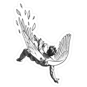 Black and white fallen angel sticker featuring a winged male figure descending with scattered feathers and detailed anatomical shading.