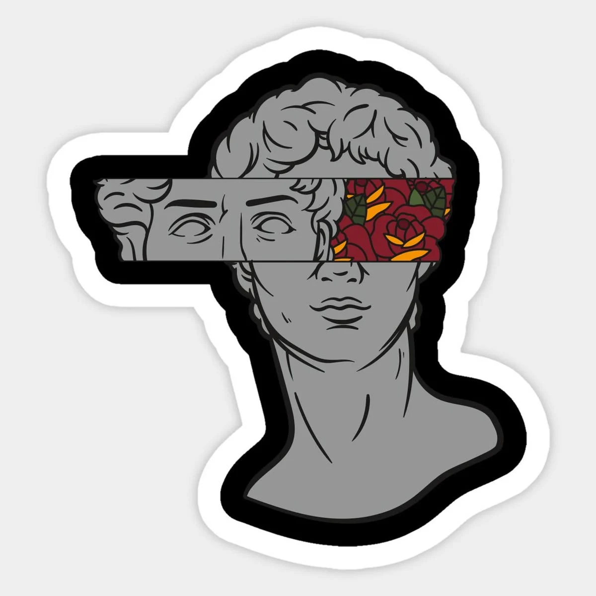 greek-statue-floral-sticker Grey Greek statue bust sticker featuring a horizontal eye cutout filled with red roses and orange floral details.