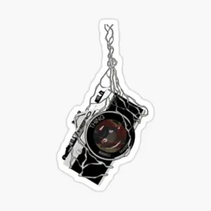 Hanging camera aesthetic sticker featuring a compact black and white camera suspended by tangled cords.