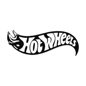 Black Hot Wheels logo sticker featuring white stylized lettering inside the iconic curved flame-shaped emblem.