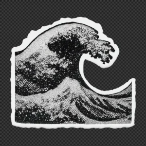 Black and white Japanese Great Wave sticker featuring a dramatic curling ocean wave inspired by traditional woodblock art.