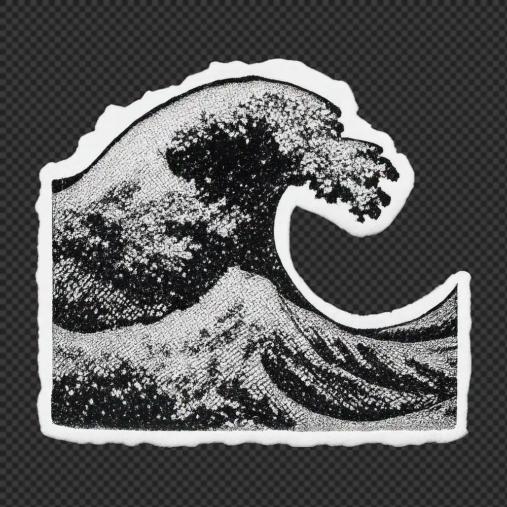 Black and white Japanese Great Wave sticker featuring a dramatic curling ocean wave inspired by traditional woodblock art.