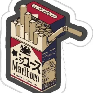 Vintage Japanese cigarette pack sticker featuring an illustrated open red and cream Marlboro-style box with Japanese lettering.