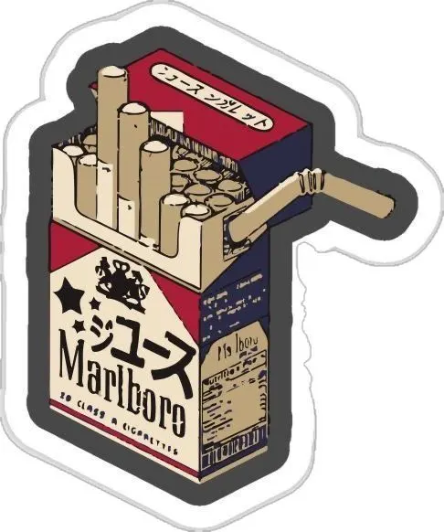 japanese-vintage-cigarette-sticker Vintage Japanese cigarette pack sticker featuring an illustrated open red and cream Marlboro-style box with Japanese lettering.