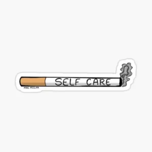Mac Miller Self Care sticker featuring a horizontal illustrated cigarette with the words Self Care and a small Mac Miller label.
