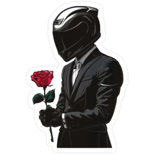 Motorcycle helmet rose sticker featuring a rider in a black suit and full-face helmet holding a single red rose.
