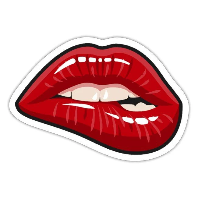 Glossy red lips sticker showing a playful lower-lip bite, white teeth and bold black outlines.