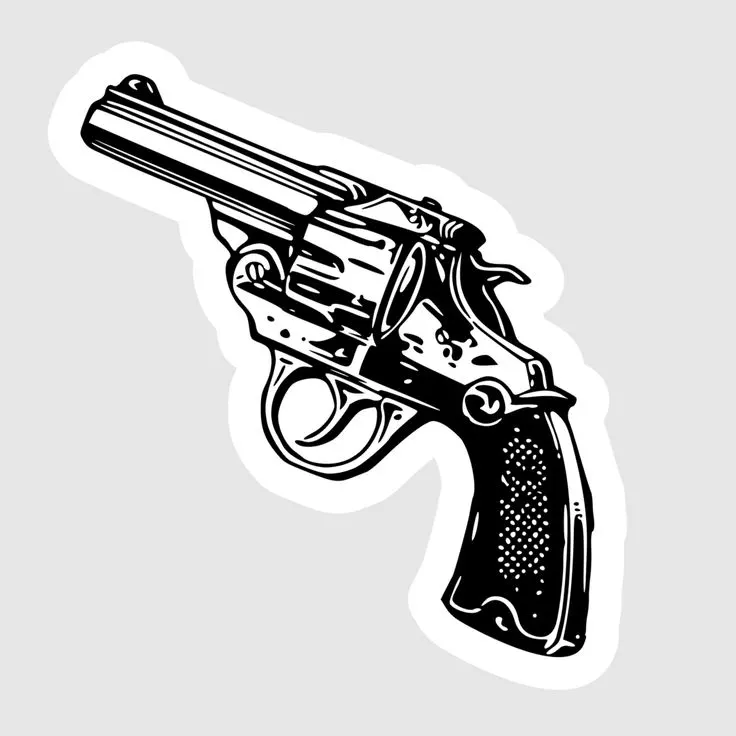 Black and white vintage revolver sticker featuring detailed line-art engraving, a long barrel and white die-cut border.